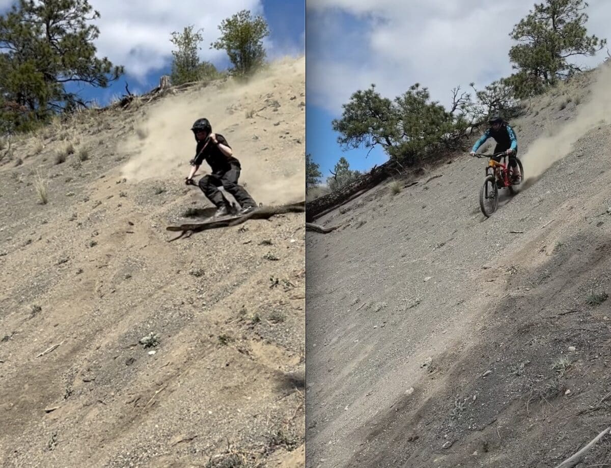 Skiing and mountain biking the same dirt line.